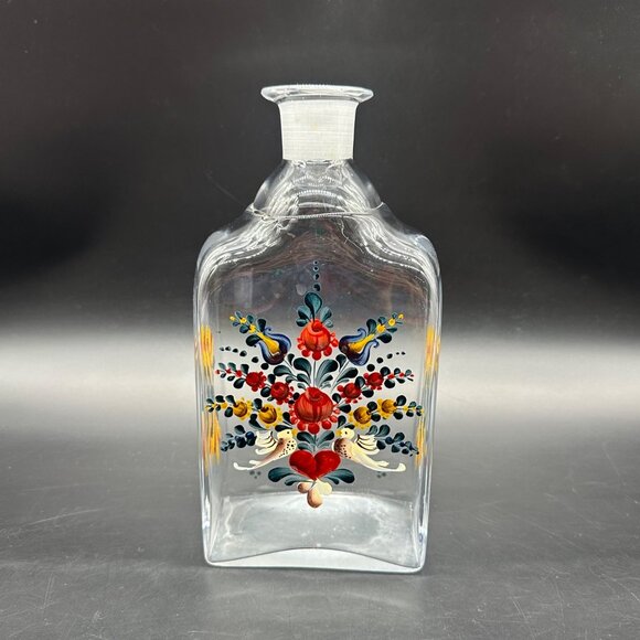 Vintage Glass Decanter Bottle Enamel Painted Floral Birds Red Yellow Blue READ - Picture 1 of 12
